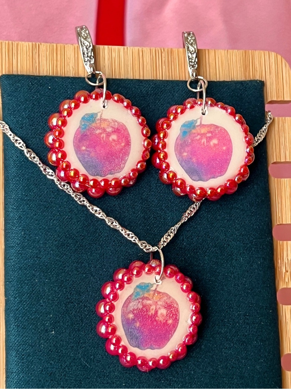 Red Apple Bead Pendant Necklace and Earring Set